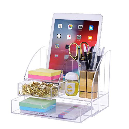 Premium Acrylic Desk-Organizer with 2 Drawers, All in One Desktop Storage-Organizer for Desk Accessories (Clear Acrylic)