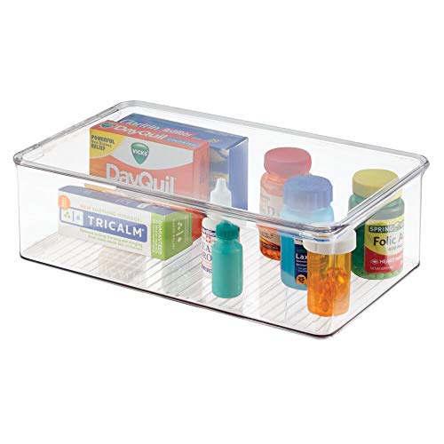 mDesign Stackable Plastic Storage Bin Box with Hinged Lid - Organizer for Vitamins, Supplements, Serums, Essential Oils, Medicine Pill Bottles, Adhesive Bandages, First Aid Supplies - Clear