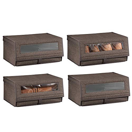 mDesign Fabric Large Storage Box Bin with Clear Window, Hinged Lid - Holder for Men's and Women's Dress Shoes, Boots, Pumps, Sandals, Flats - Modern Closet Organizer Solution, 4 Pack - Espresso Brown