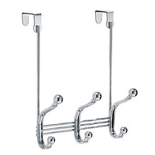 Load image into Gallery viewer, iDesign York Metal Over the Door Organizer, 3-Hook Rack for Coats, Hats, Robes, Towels, Jackets, Purses, Bedroom, Closet, and Bathroom, 8.38&quot; x 5.25&quot; x 11&quot;, Set of 2, Chrome
