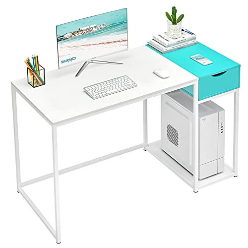 SINPAID Computer Desk with Drawers Small White Home Office Desk Powerful Storage Capacity Kids Desk with Host Stand Modern Makeup Dressing Table, 40 inches, White & Turquoise