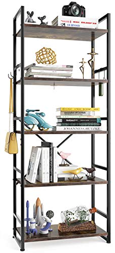 HAIOOU Bookshelf, 5-Tier Bookcase, Sturdy Antique Wood Design with Industrial Black Metal Frame Shelving Unit, Vintage Storage Organizer Standing Shelf for Home Office