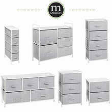 Load image into Gallery viewer, mDesign Narrow Vertical Dresser Storage Tower - Sturdy Metal Frame, Wood Top, Easy Pull Fabric Bins - Organizer Unit for Bedroom, Hallway, Entryway, Closet - Textured Print, 4 Drawers - Gray/White
