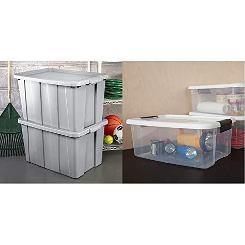 Sterilite 16796A04 Storage Tote, 30 gallon, Cement Lid and Base (Pack of 4) & 19849806 18 Quart/17 Liter Ultra Latch Box, Clear with a White Lid and Black Latches, 6-Pack