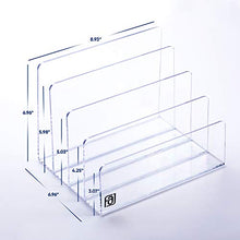 Load image into Gallery viewer, Acrylic File Organizer, Clear Folder Sorter, Desk, Office, Letter, Notebook, Electronics, Purse, Palette, Book, Holder, 4 Sections, Lucite, 9-Inch Wide x 7-Inch Deep x 7-Inch High.
