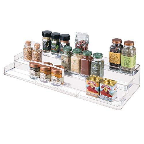 mDesign Large Plastic Adjustable, Expandable Kitchen Cabinet, Pantry, Step Shelf Organizer/Spice Rack with 3 Tiered Levels of Storage for Spice Bottles, Jars, Seasonings, Baking Supplies - Clear