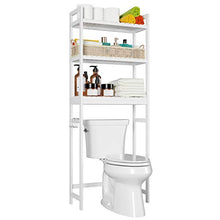 Load image into Gallery viewer, Homfa Bamboo Over-The-Toilet Storage Rack, 3-Tier Bathroom Freestanding Shelf with 6 Hooks Plant Stand Multipurpose Organizer Space Saver for Laundry, Balcony, 24.4”L X 10.24”W X 64.17”H (White)
