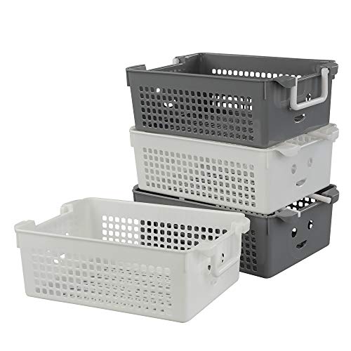Doryh Stackable Plastic Storage Baskets/Bins Organizer with Handles, Set of 4 (White, Grey)