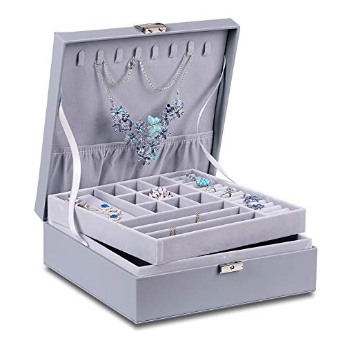 misaya Women Jewelry Box Organizer 2 Layer Large Lockable Display Jewelry Holder for Earring Ring Necklace, Gray