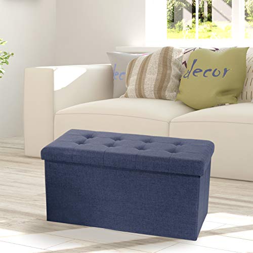 Seville Classics Foldable Tufted Storage Bench Ottoman, Midnight Blue