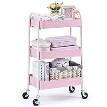 Load image into Gallery viewer, TOOLF 3 Tier Rolling Cart, No Screw Metal Utility Cart, Easy Assemble Utility Serving Cart, Sturdy Storage Trolley with Handles, Locking Wheels, for Classroom Office Home Bedroom Bathroom, Pink
