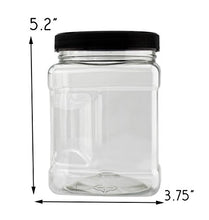 Load image into Gallery viewer, 32-Ounce Square Plastic Jars (4-Pack); Clear Rectangular 4-Cup Canisters w/Black Lids, Easy-Grip Side

