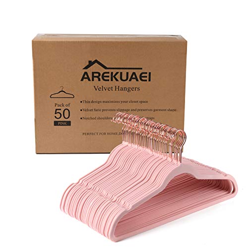 AREKUAEI Premium Blush Pink Velvet Hangers (Pack of 50) Heavyduty - Non Slip - Velvet Suit Hangers - Copper/Rose Gold Hooks,Space Saving Clothes Hangers