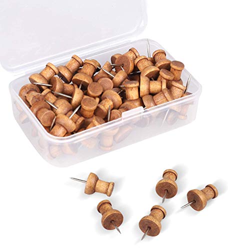 60 Pcs Wood Push Pins, Walnut, Standard, Wooden Thumb Tacks Decorative for Cork Boards Map Photos Calendar and Home Office Craft Projects with Box