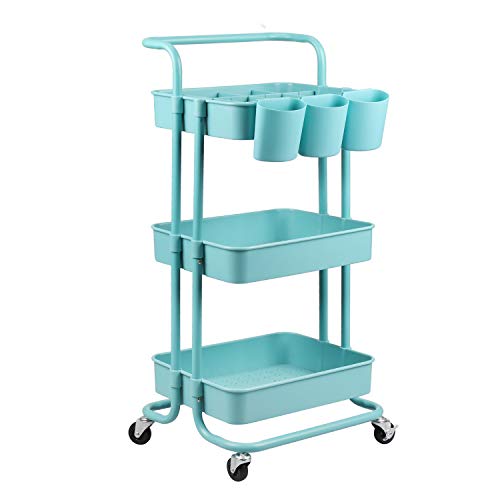 alvorog 3-Tier Rolling Utility Cart Storage Shelves Multifunction Storage Trolley Service Cart with Mesh Basket Handles and Wheels Easy Assembly for Bathroom, Kitchen, Office (Blue)