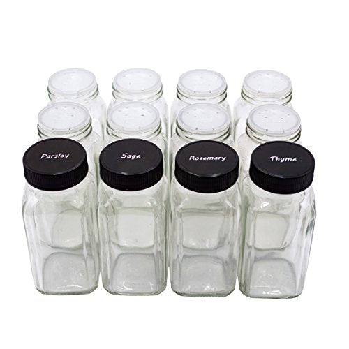 U-Pack 12 pieces of French Square Glass Spice Bottles 6 oz Spice Jars with Black Plastic Lids, Shaker Tops, and Labels by U-Pack