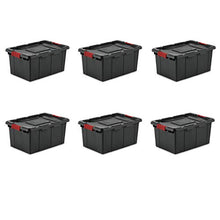 Load image into Gallery viewer, Sterilite 14649006 15 Gallon/57 Liter Industrial Tote, Black Lid &amp; Base w/ Racer Red Latches, 6-Pack
