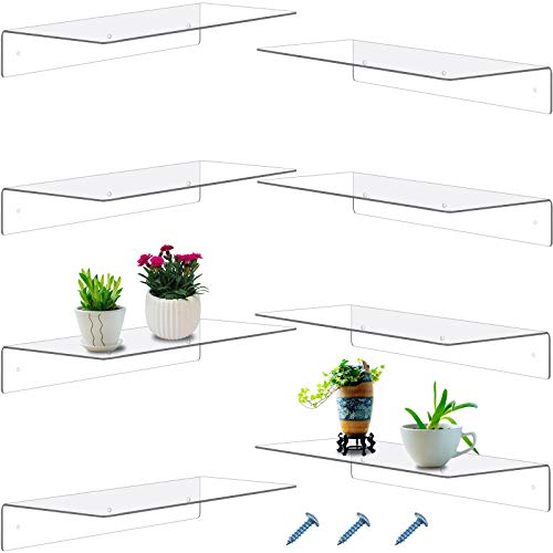 8 Pieces 14 Inch Acrylic Floating Shelf, Invisible Wall Mounted Display Organizer Ledge Book Shelf for Living Room, Office, Bedroom, Bathroom, Kitchen (Clear)