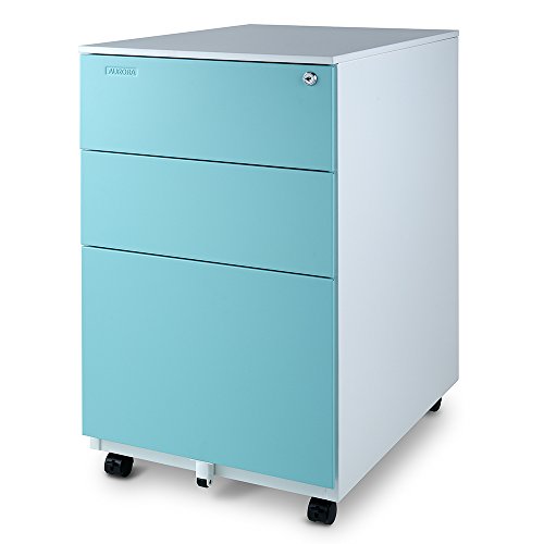 Aurora FC-103BL Fully Assembled Modern Soho Design 3-Drawer Metal Mobile File Cabinet with Lock Key, White/Aqua Blue