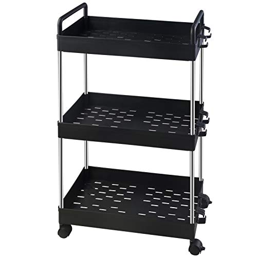 Ronlap 3 Tier Classic Storage Rolling Cart, Plastic Slide Out Storage Organizer Tower, Narrow Mobile Shelving Unit with Handle, Skinny Utility Cart with Wheels for Kitchen Bathroom Laundry Room, Black