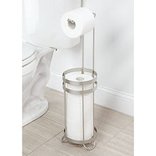 Load image into Gallery viewer, mDesign Metal Decorative Freestanding Toilet Paper Roll Holder Stand and Dispenser with Storage for 3 Extra Rolls of Reserve Toilet Tissue - for Bathroom Storage Organizing - Holds Mega Rolls - Satin

