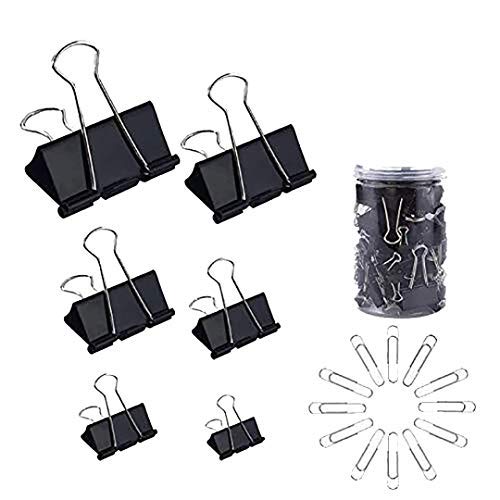 230 Pack Assorted Size Binder Clips [100 Bonus Paper Clips] - 6 Sizes Paper Clamp - Sturdy Container Included (Black)