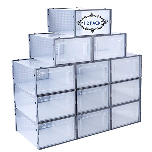 Shoe Storage Box 12 PCS Stackable Shoe Organizer Shoe Box Organizers Shoe Boxes Clear Plastic Stackable Sneaker Storage Shoe Containers with Drop Front
