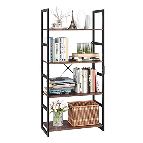 Homfa Bookshelf Rack 4 Tier Vintage Bookcase Shelf Storage Organizer Modern Wood Look Accent Metal Frame Furniture Home Office