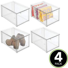 Load image into Gallery viewer, mDesign Plastic Stackable Closet Storage Box with Pull-Out Drawer - Container for Organizing Men&#39;s and Women&#39;s Shoes, Sandals, Wedges, Flats, Heels, and Accessories - 4 Pack - Clear
