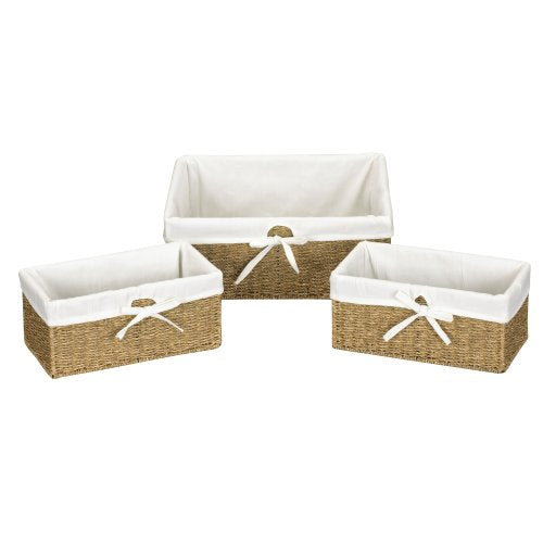 Household Essentials ML-5611 Set of Three Woven Wicker Storage Baskets with Removable Liners | Natural Seagrass,Brown