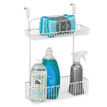 Load image into Gallery viewer, mDesign Metal Farmhouse Over Cabinet Kitchen Storage Organizer Holder or Basket - Hang Over Cabinet Doors in Kitchen/Pantry - Holds Dish Soap, Window Cleaner, Sponges - Matte White
