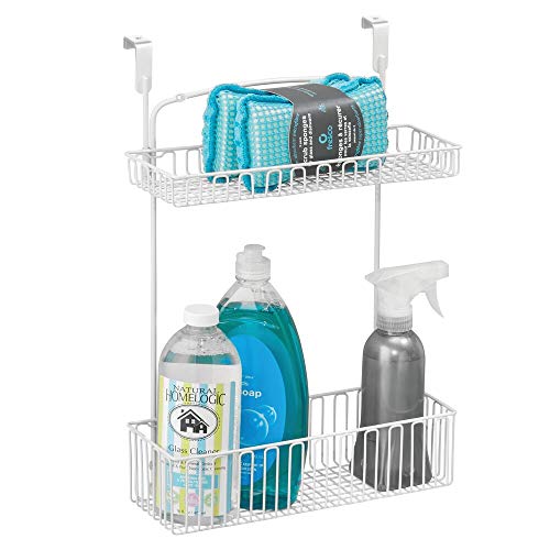 mDesign Metal Farmhouse Over Cabinet Kitchen Storage Organizer Holder or Basket - Hang Over Cabinet Doors in Kitchen/Pantry - Holds Dish Soap, Window Cleaner, Sponges - Matte White