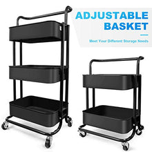 Load image into Gallery viewer, Homchwell 3 Tier Metal Utility Rolling Cart with Lockable Wheels, Multifunction Movable Storage Shelves Organizer Cart with Handle and Mesh Basket for Kitchen, Coffee Bar,Bathroom, Office
