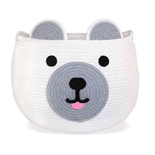 CosiePod Round Cotton Rope Basket with Cute Bear Design, Baby Nursery Decor, Nursery Laundry Basket, Baby Hamper, Baby Diaper Organizer, Cat Dog Toy Baskets, Baby Gift Basket | 12”D x 9.8”H