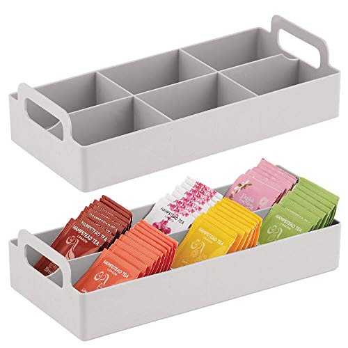 mDesign Compact Plastic Tea Storage Organizer Caddy Tote Bin - 6 Divided Sections, Built-in Handles - Holder for Tea Bags, Packets, Sweeteners, and Small Packets, 2 Pack - Light Gray