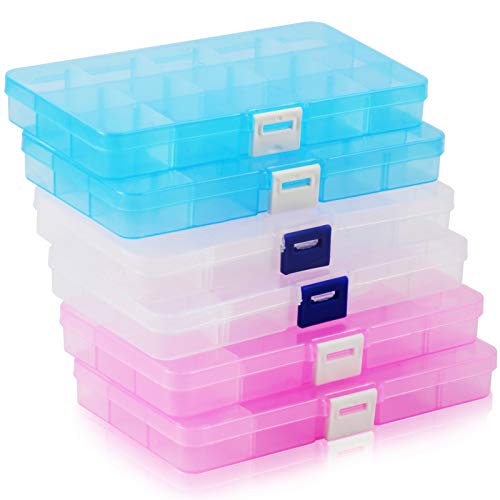 HappyHapi Plastic Jewelry Organizer Box, 6 Pack 15 Little Grids Plastic Bead Storage Container with Removable Dividers for Earring, Art and Crafts, 6.8 x 3.8 x 0.84 Inch