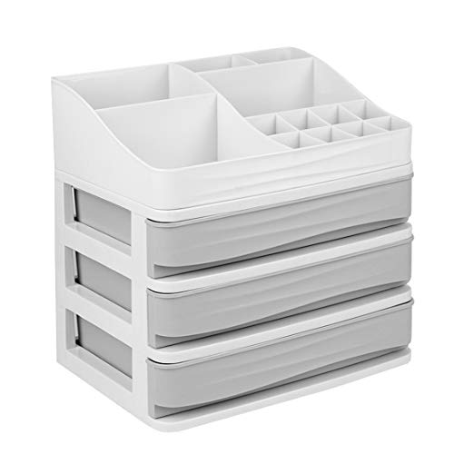 JULY'S SONG Cosmetic Makeup Organizer with Drawers, Plastic Bathroom Skincare Storage Box Brush Lipstick Holder(S-3, Grey)