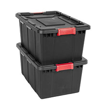 Load image into Gallery viewer, Sterilite 14649006 15 Gallon/57 Liter Industrial Tote, Black Lid &amp; Base w/ Racer Red Latches, 6-Pack
