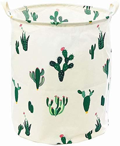 Large Foldable Waterproof Canvas Laundry Hamper Bucket for Storage Bin,Kids Room,Home Organizer,Nursery Storage,Baby Hamper with Cactus Design(Green/Pink)