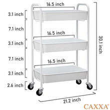 Load image into Gallery viewer, CAXXA 3-Tier Rolling Metal Storage Organizer - Mobile Utility Cart Kitchen Cart with Caster Wheels, White
