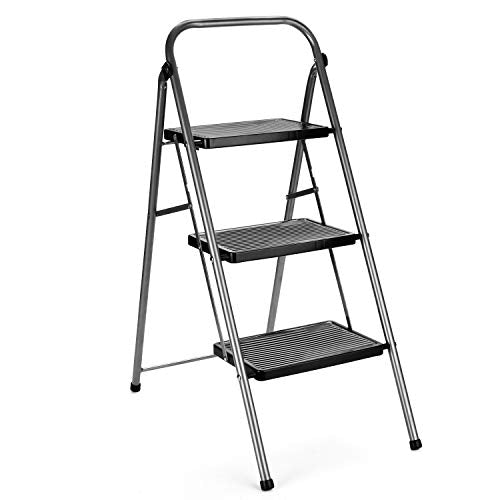 Delxo Step Ladder 3 Step Folding Step Stool with Anti-Slip Wide Pedal,Hold Up to 330lb Sturdy Steel 3 Step Stool ,Lightweight Folding Step Ladder for Adults Grey