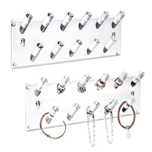 Load image into Gallery viewer, Ikee Design Multipurpose Acrylic Wall mounted Jewelry Stand Organizer, Bracelets Rings Bangles Display Rack for Store, Showcase, Trade Show, Set of 2, Clear, 13”W x 4 1/4”D x 1 3/4”H

