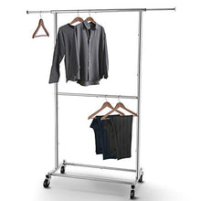 Load image into Gallery viewer, Simple Trending Double Rod Clothing Garment Rack, Rolling Clothes Organizer on Wheels for Hanging Clothes, Chrome

