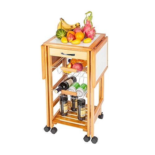 Henf Portable Rolling Drop Leaf Kitchen Storage Trolley Cart Island White Tile Top Folding Trolley Table with 1 Wood Drawer & 2 Steel Baskets Sapele Color