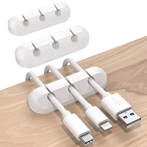 SOULWIT Cable Holder Clips, 3-Pack Cable Management Cord Organizer Clips Silicone Self Adhesive for Desktop USB Charging Cable Power Cord Mouse Cable Wire PC Office Home (White)