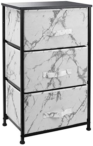 Sorbus Nightstand with 3 Drawers - Bedside Furniture & Night Stand End Table Dresser for Home, Bedroom Accessories, Office, College Dorm, Steel Frame, Wood Top (Marble White – Black Frame)
