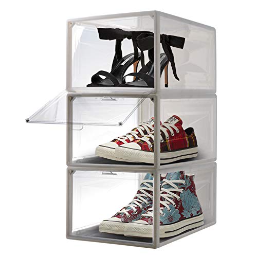 ASKITO Drop-front Shoe Box, Large Shoe Containers Display Case with Magnet Door, Clear Plastic Shoe Organizer Stackable, 3 Pack, 14.17 x 10.23 x 7.28 Inches