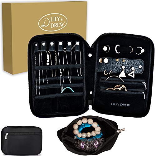 Lily & Drew Travel Jewelry Storage Carrying Case Jewelry Organizer with Removable Pouch, in Gift Box (V1B Black)