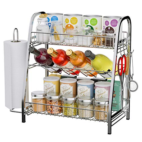 Spice Rack Organizer for Cabinet Countertop, 3-Tier Spice Organizer with Paper Towel Holder & 3 Hooks, Stainless Steel Storage Shelf with Guardrail for Kitchen Counter Bathroom Office