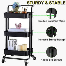 Load image into Gallery viewer, AROVA 3 Tier Rolling Cart, Multifunction Storage Cart with Lock Wheels Plastic Basket, Easy Assembly Craft Art Utility Cart for Office Home Kitchen Bathroom Organization (Black)
